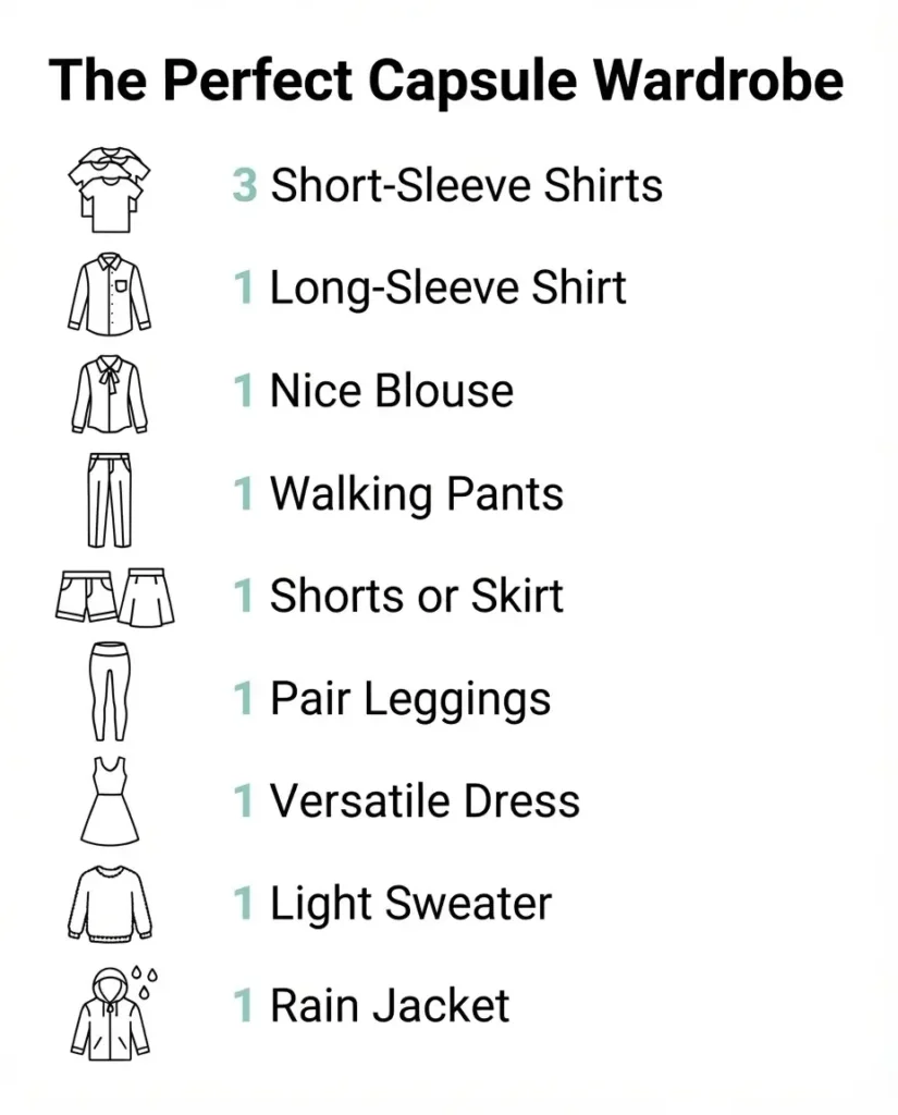A minimalist checklist infographic showing the essential capsule wardrobe items for European travel, including tops, bottoms, and layers.