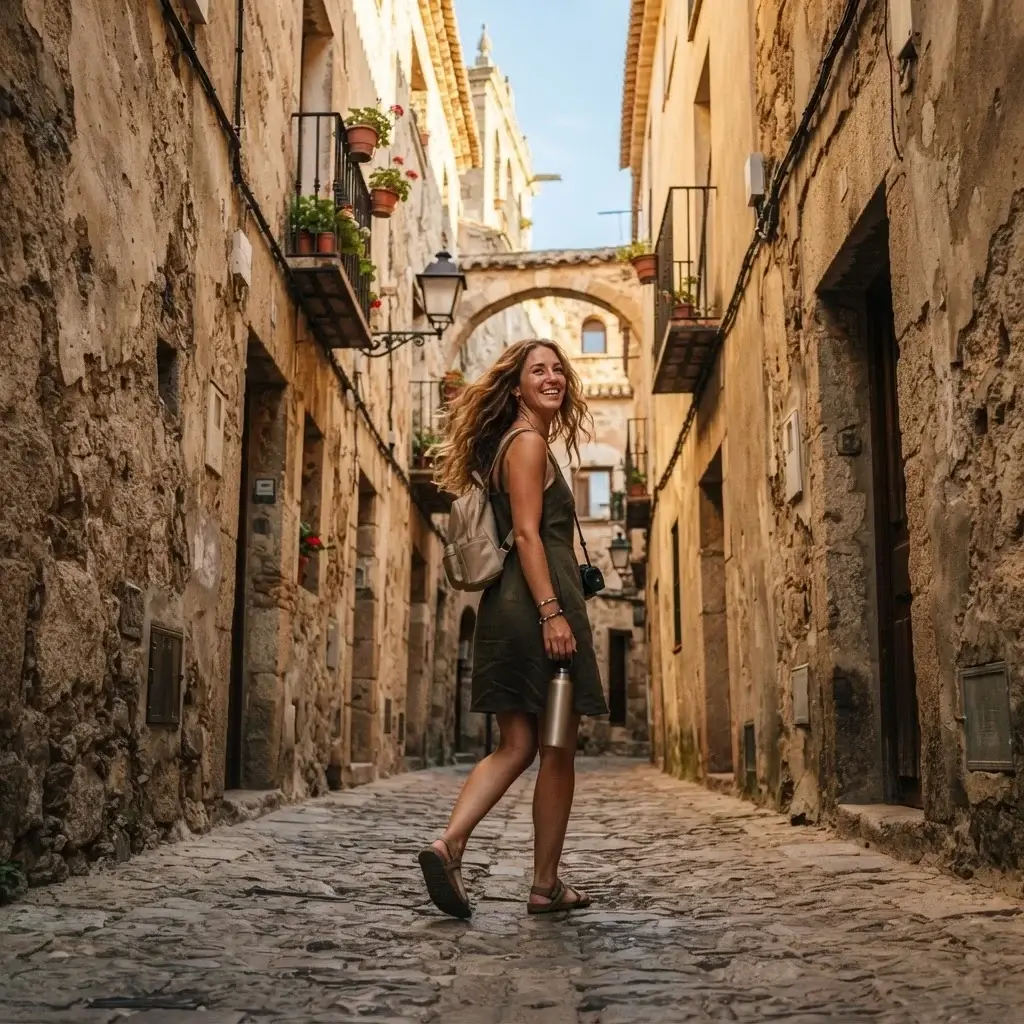 A solo traveler with a camera walking down a narrow, empty medieval stone alleyway in the historic old town of Cáceres, Spain.