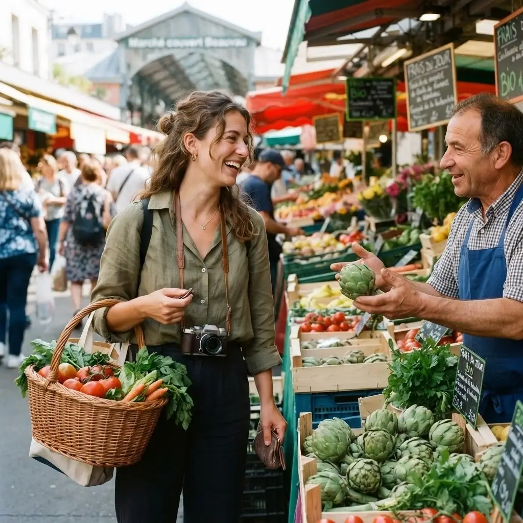 A 20-something female traveler engaging with a local vendor at the Marché d'Aligre street market in Paris, holding fresh produce.