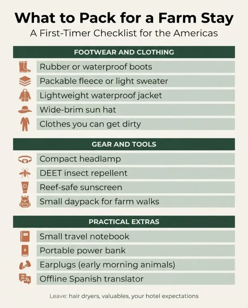 Farm stay packing checklist infographic showing essential items including mud-proof boots, layers, headlamp, insect repellent, and waterproof jacket