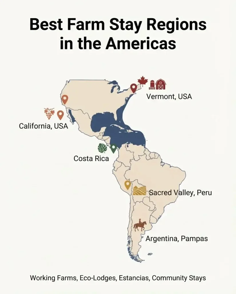 Illustrated map of the Americas showing top farm stay regions including Vermont, California, Costa Rica, Argentina, and Peru with icons and labels