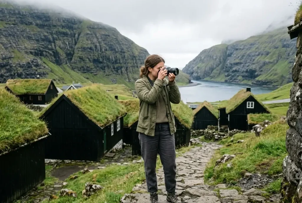 Young solo female traveler photographing grass-roofed village houses in the Faroe Islands with misty cliffs rising in the background