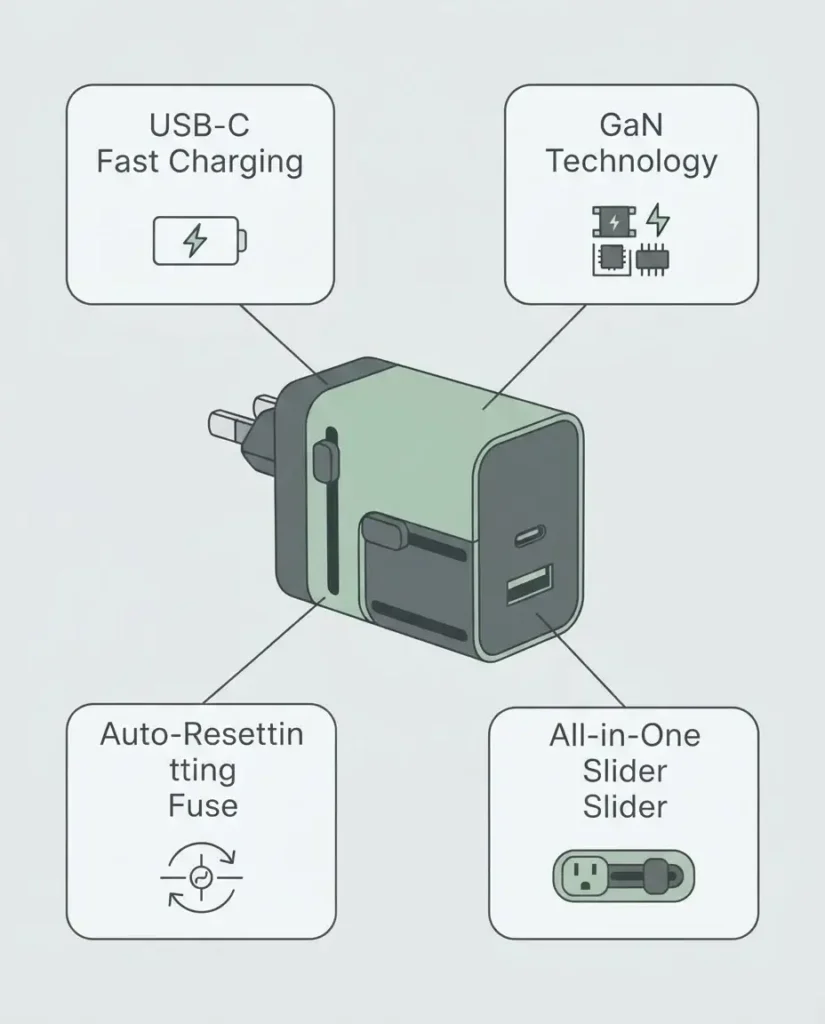 A checklist infographic highlighting the four essential features of a high-quality universal travel adapter: USB-C ports, GaN technology, auto-resetting fuses, and sliding prong mechanisms.
