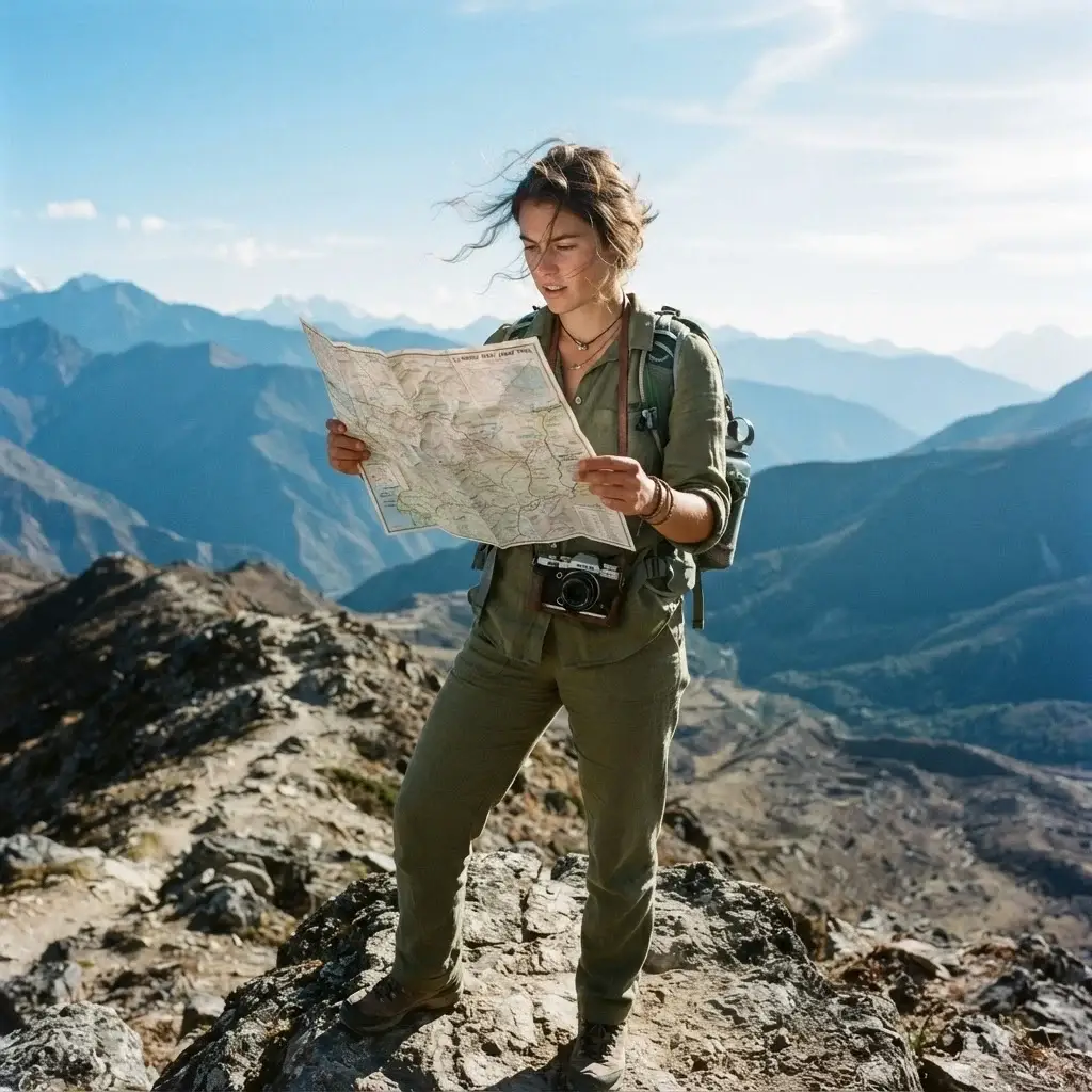 An eye-level medium shot of a 20-something female explorer in earthy linen clothing standing on a rocky mountain outcrop while reading a physical, unfolded topographic map.