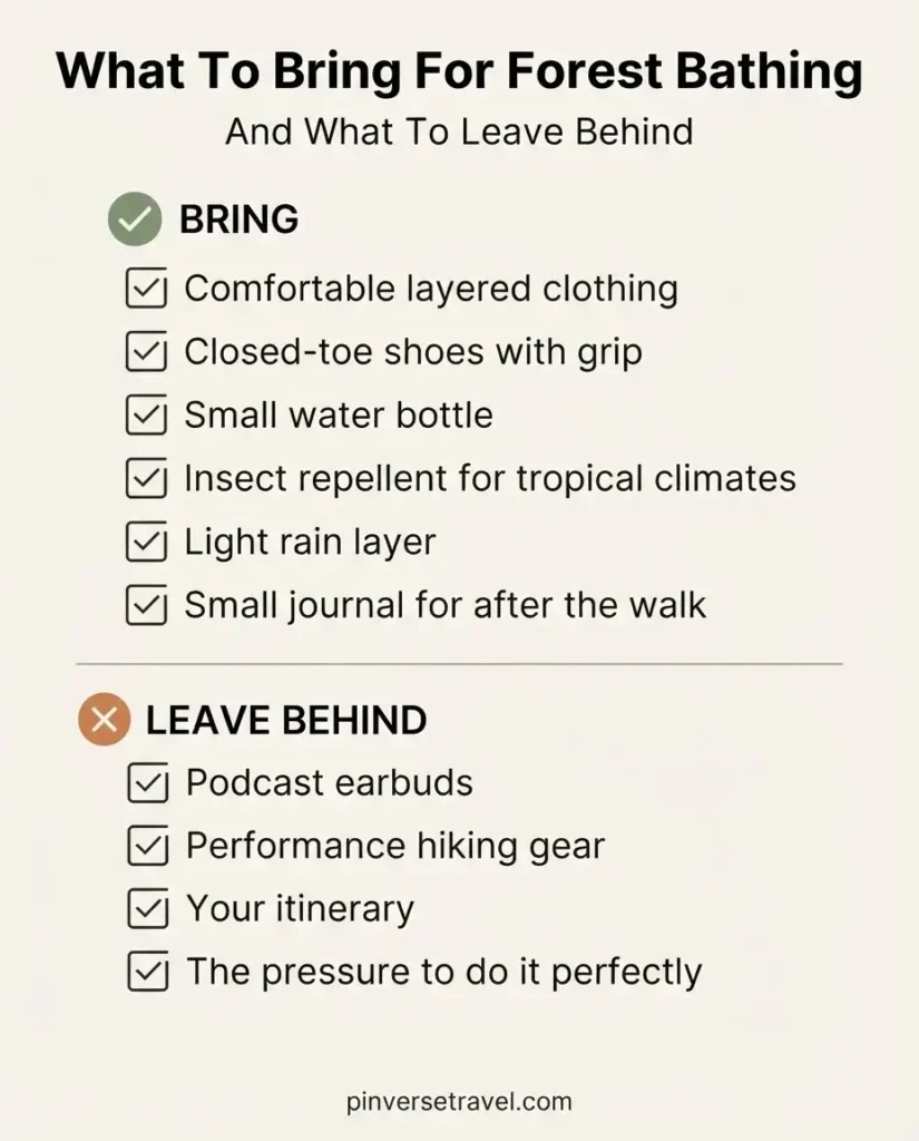 Illustrated checklist infographic showing what to bring and what to leave behind for a forest bathing session, including clothing, water bottle, and journal