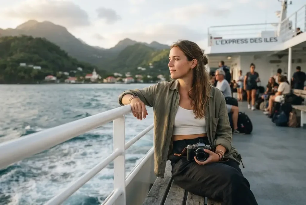 Young solo female traveler sitting on the outer deck of an inter-island ferry in the Eastern Caribbean, watching the green volcanic coastline of Martinique recede as the vessel departs toward St. Lucia