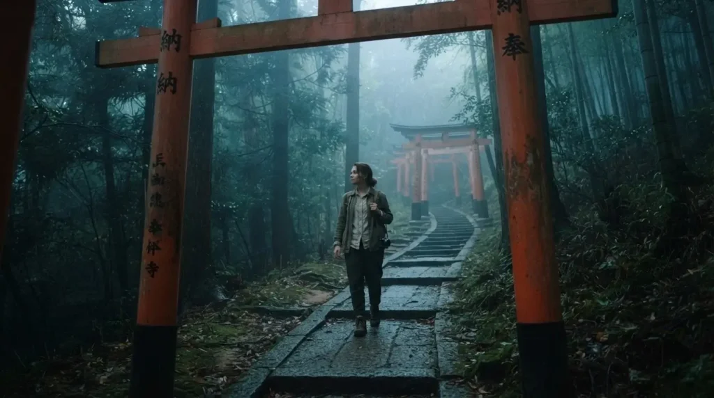 Solo female traveler walking alone through a quiet upper section of Fushimi Inari Taisha torii gate trail in Kyoto Japan with misty forest light and sparse red gates receding into the hillside