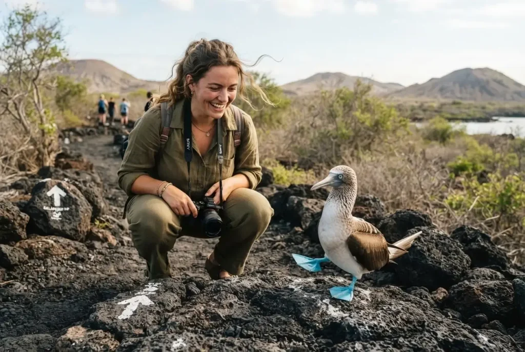 Solo female traveler crouching on a black lava rock trail in the Galapagos Islands while a blue-footed booby stands just feet away unfazed