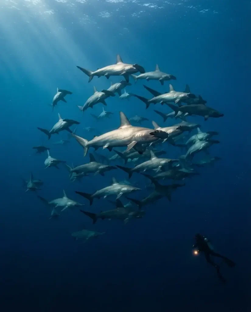 Underwater view of a school of scalloped hammerhead sharks circling in deep blue Pacific water at the Galapagos Islands Ecuador, diver silhouette visible in background
