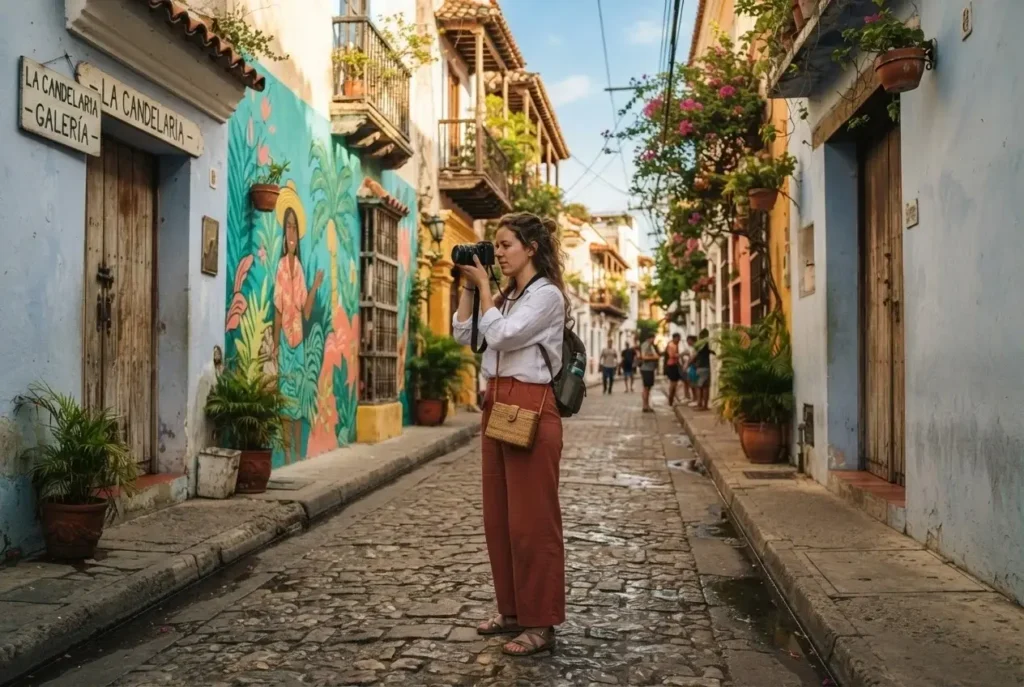 Solo female traveler pausing outside a colorful blue colonial building on a cobblestone street in Getsemani neighborhood Cartagena Colombia