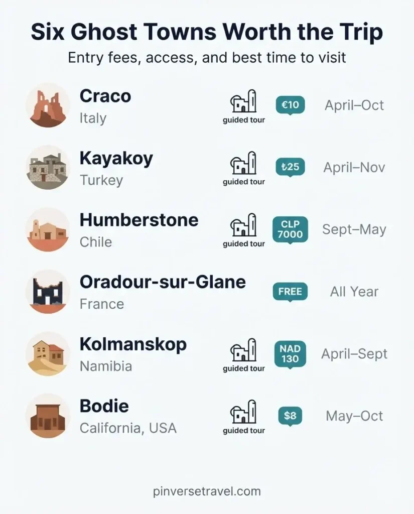 Infographic comparing six underrated ghost towns around the world with entry fees, access type, best time to visit, and nearest base city