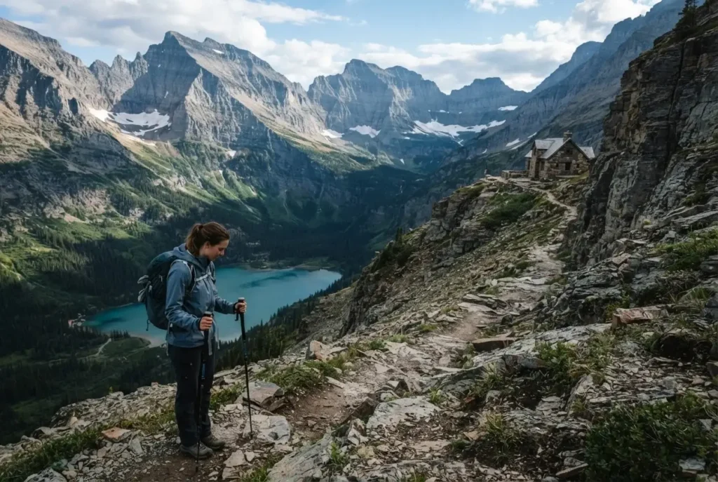 Solo female traveler hiking a trail near a rustic backcountry chalet in Glacier National Park Montana with jagged alpine peaks and a turquoise glacial lake visible in the valley below