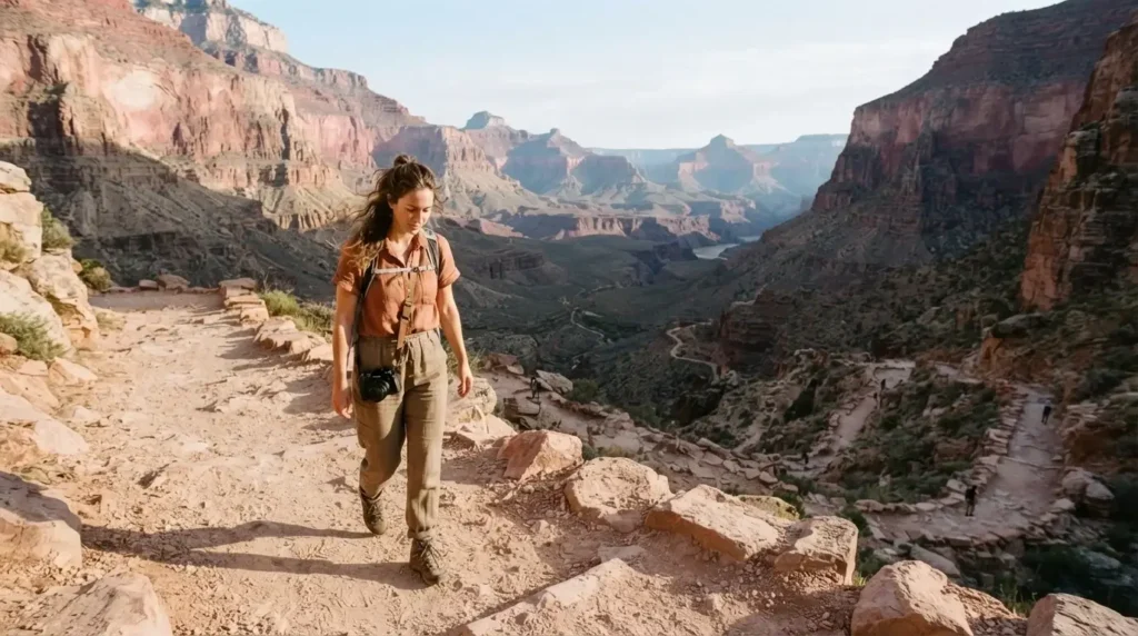 Solo female traveler descending Bright Angel Trail in Grand Canyon at early morning golden hour, red canyon walls rising on either side, Arizona