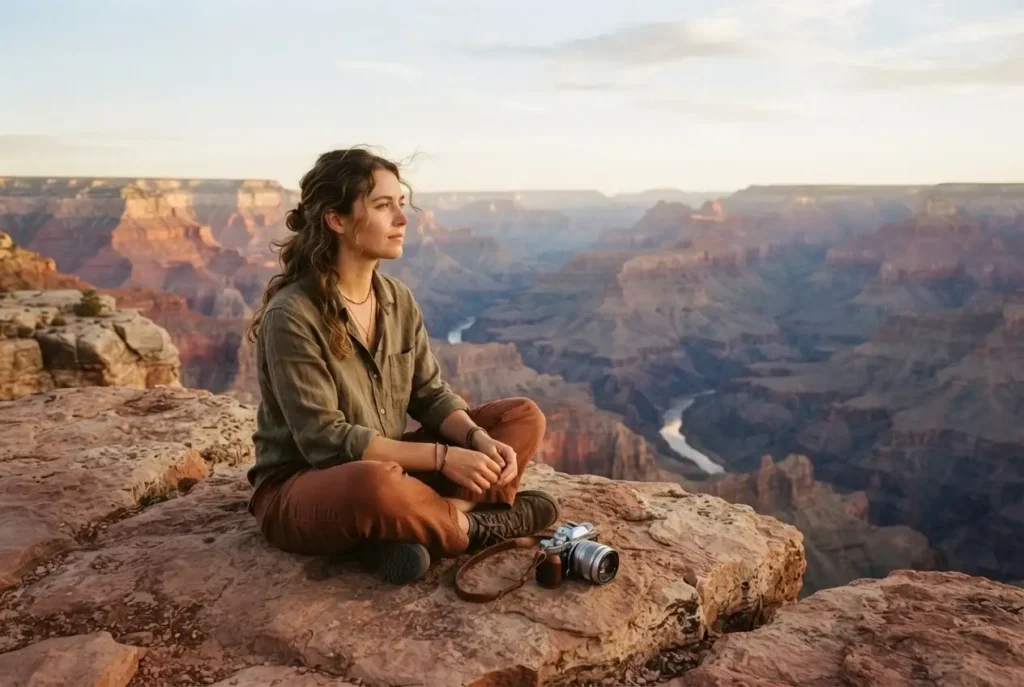 Solo female traveler sitting at the edge of the Grand Canyon South Rim at sunrise, warm amber and rose light over the canyon, no phone in sight, mirrorless camera resting beside her on the rock