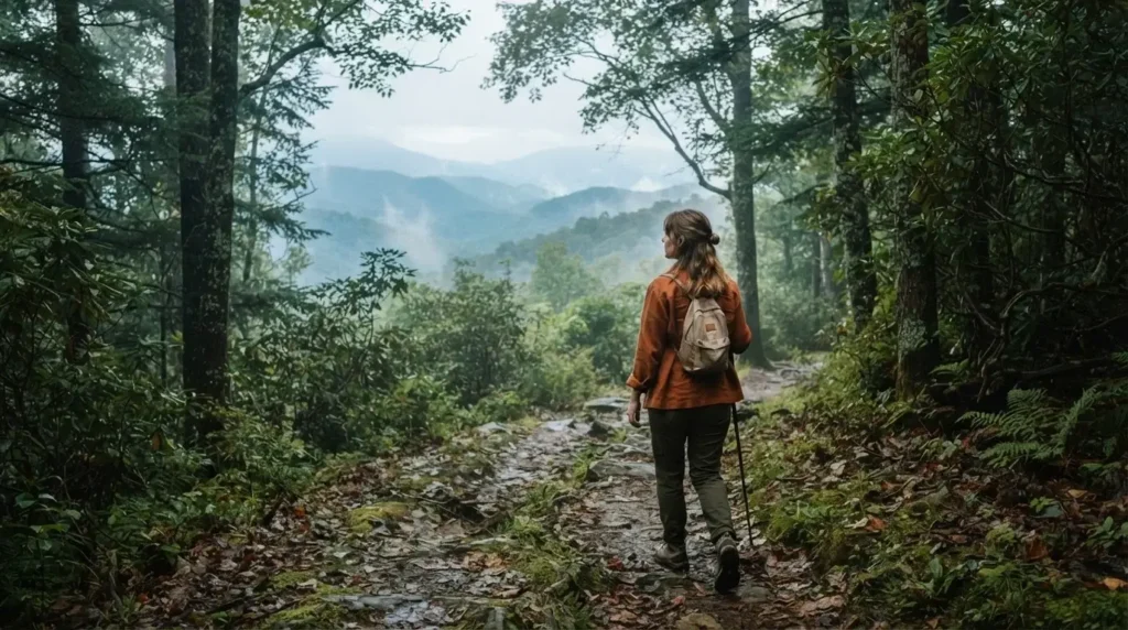 Solo female traveler hiking the Alum Cave Trail in Great Smoky Mountains National Park, morning mist rolling across forested ridgelines, Tennessee wilderness