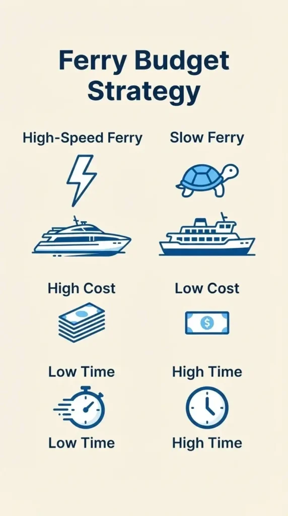 A minimalist comparison chart showing the price and time differences between fast and slow ferry options for Greek island travel.