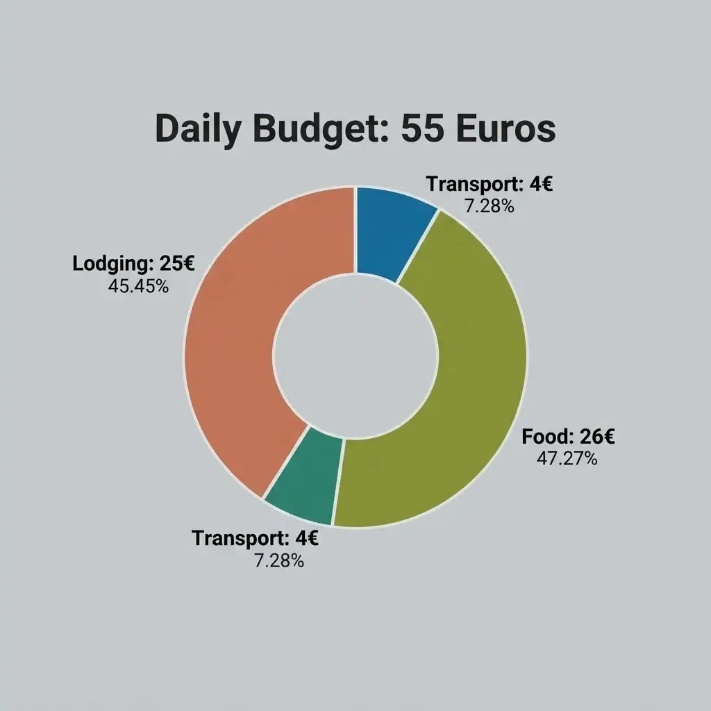 An easy-to-read daily budget pie chart breaking down the average 55 Euro cost per day for a solo traveler in Greece, including food, transport, and lodging.