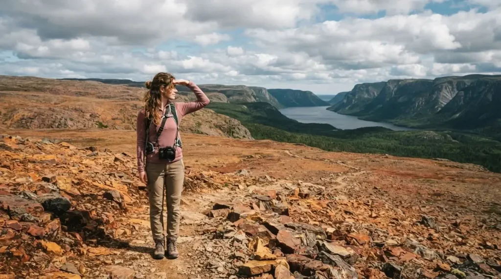 Female solo traveler hiking across the rust-colored Tablelands rock plateau in Gros Morne National Park Newfoundland Canada with dramatic fjord valley in the background