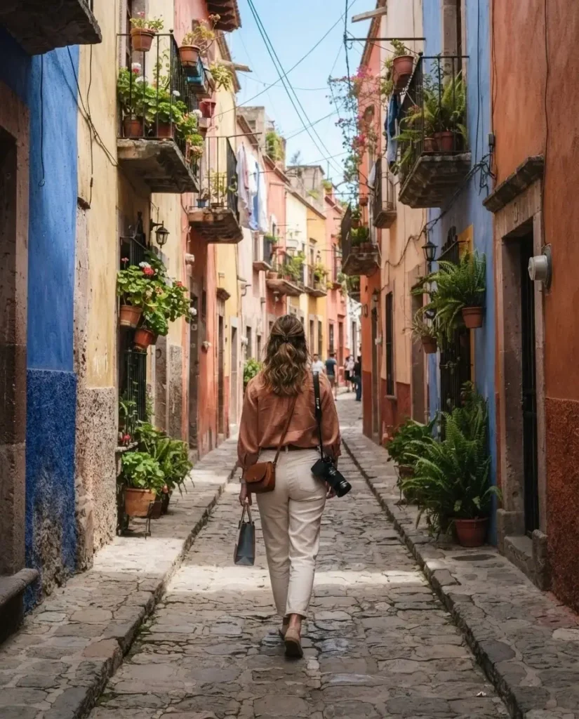 Solo female traveler walking through a narrow colorful callejon alleyway in Guanajuato Mexico with vibrant painted buildings on both sides