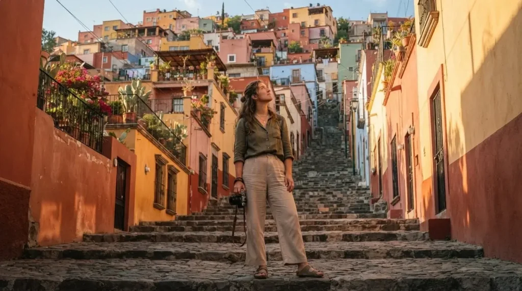 Female solo traveler looking up at stacked colorful houses along a narrow cobblestone alleyway in Guanajuato Mexico at golden hour