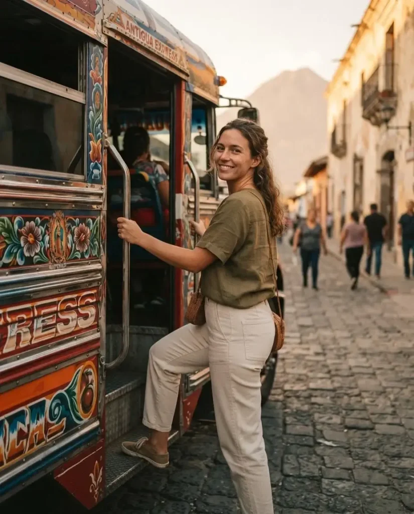 Solo female traveler boarding a brightly painted Guatemala chicken bus camioneta in Antigua with vibrant painted murals and chrome details visible