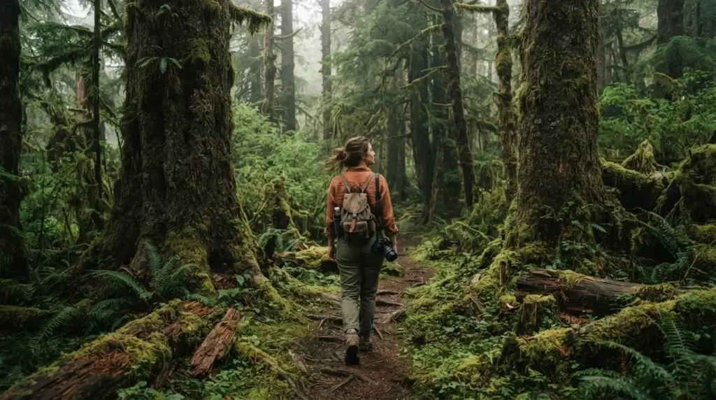 Solo female traveler walking a narrow mossy trail through old-growth cedar and Sitka spruce forest in Gwaii Haanas National Park Reserve British Columbia Canada