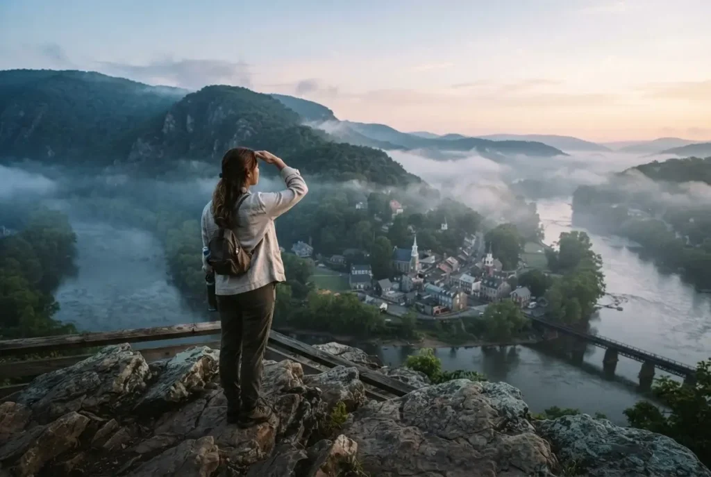 Young female traveler standing at the overlook above the confluence of the Shenandoah and Potomac Rivers at Harpers Ferry West Virginia, historic town rooftops and forested ridgelines visible in morning mist