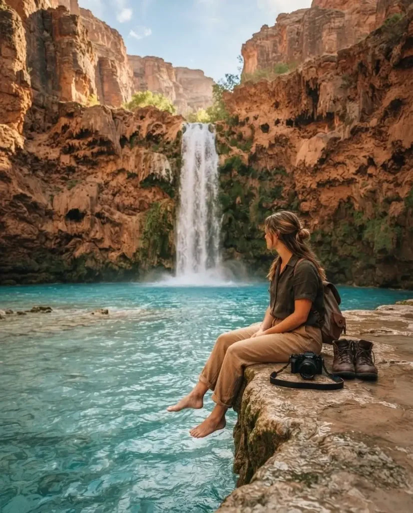 Solo female traveler sitting at the edge of Havasu Falls pool with turquoise water and red canyon walls, Havasupai Arizona