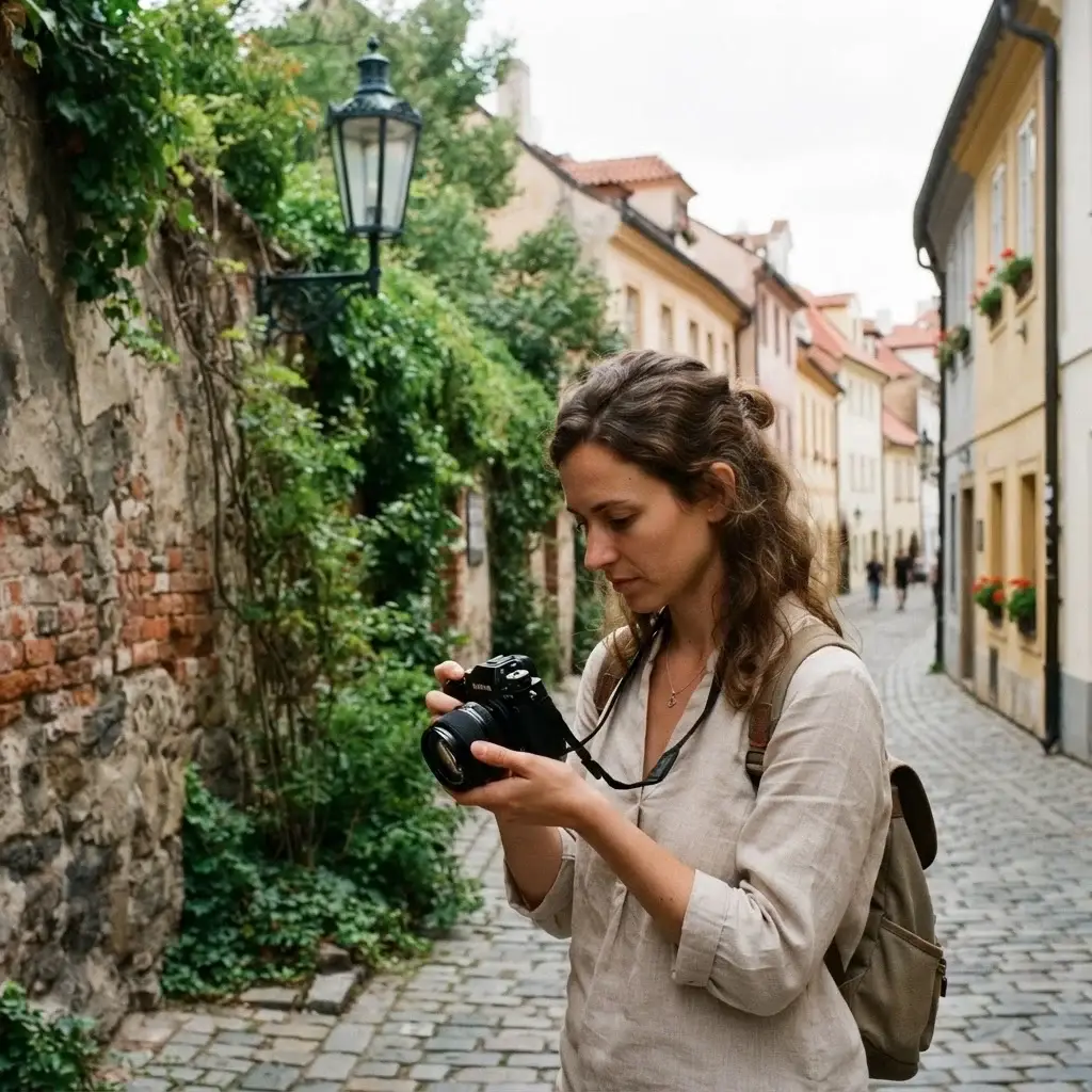 A female traveler inspecting a vintage gas lamp along a narrow, quiet cobblestone lane lined with ivy-covered cottages in Nový Svět, Prague.