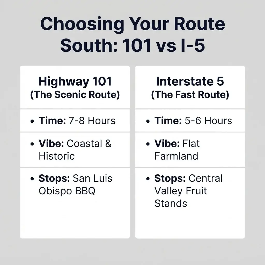 A minimalist 1:1 vector comparison matrix contrasting the scenic Highway 101 route against the fast Interstate 5 route across driving time, landscape, and main attractions.