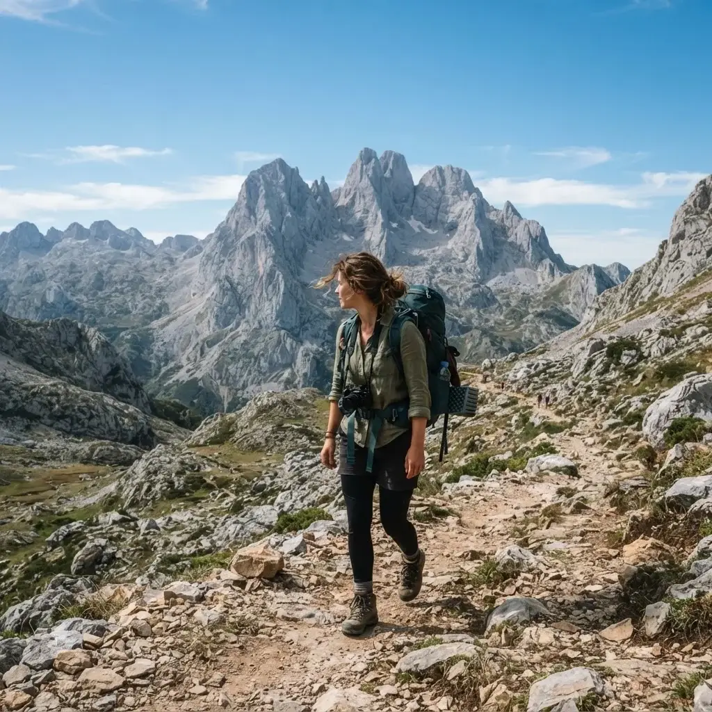 A woman hiking a mountain trail in the Picos de Europa National Park with jagged limestone peaks rising in the background during a clear morning.