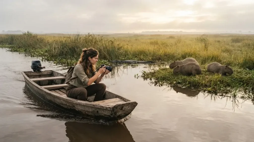 Young female solo traveler sitting in a small wooden boat on the Iberá Wetlands lagoon at sunrise, capybaras and marsh grasses in the background, Corrientes province, Argentina