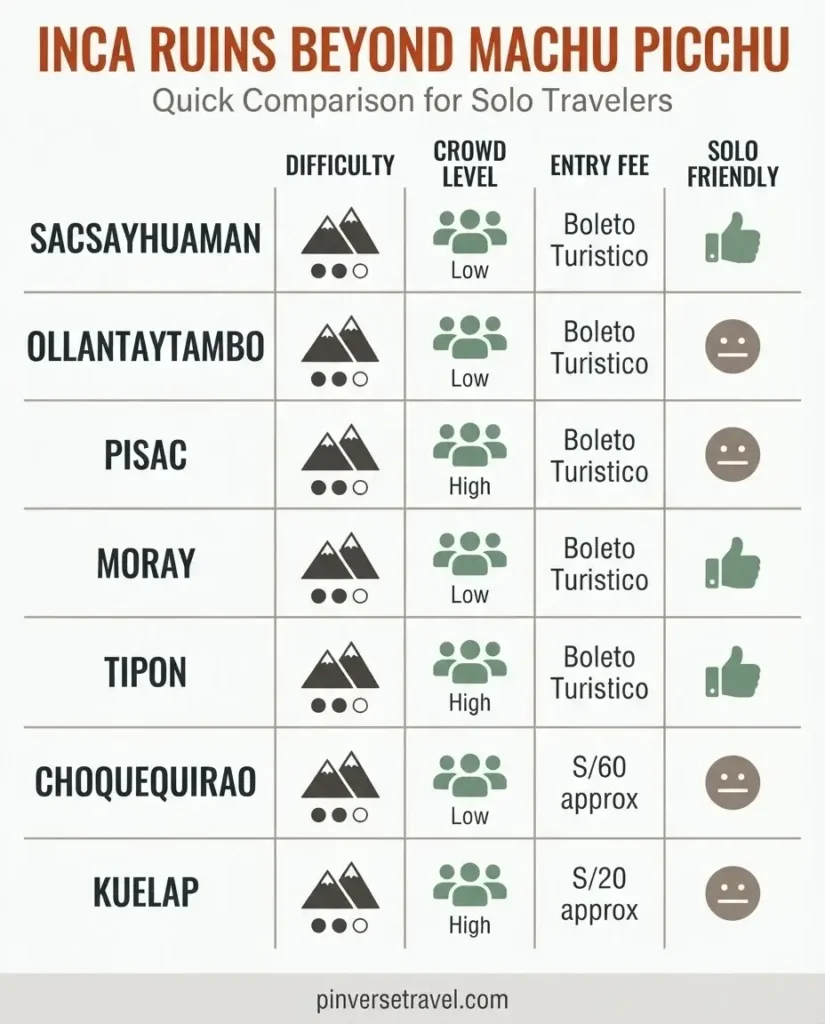 Infographic comparing best Inca ruins beyond Machu Picchu including difficulty, entry fee, crowd level and solo traveler accessibility