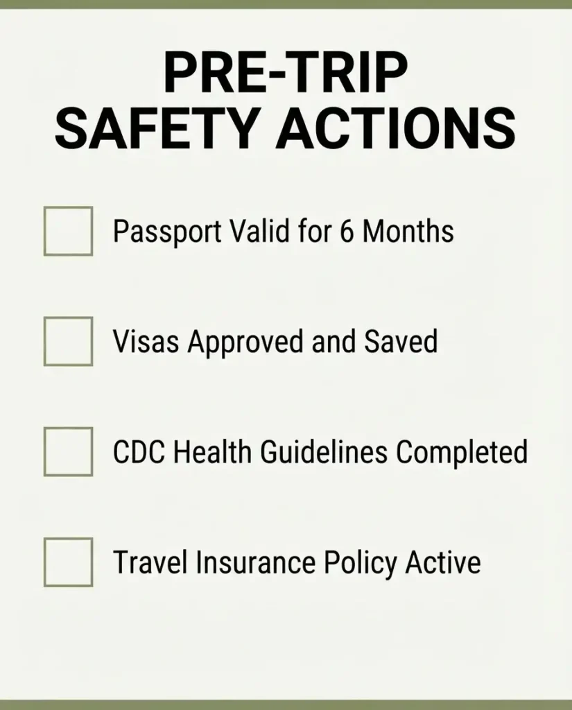 A premium 4:5 vertical checklist outlining pre-trip safety steps including passport verification, digital visas, CDC vaccines, and travel insurance.