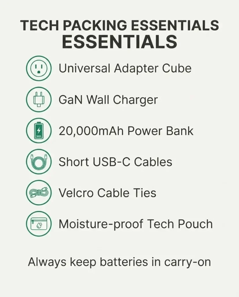 A minimalist checklist showing the essential electronics and charging accessories for an international trip, including power banks and cable organizers.