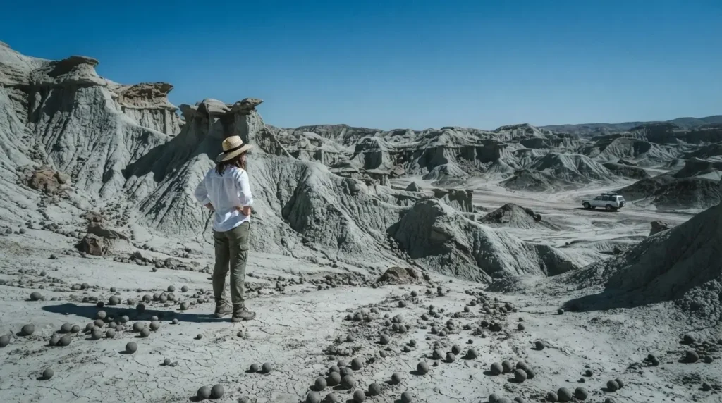 Female solo traveler standing among the grey moonscape clay formations of Ischigualasto Provincial Park, Valle de la Luna, San Juan province, Argentina, dramatic midday light and vast desert sky