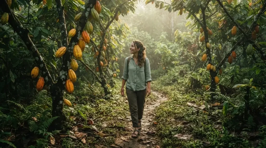 Solo female traveler walking through a lush Maya cacao farm in Toledo District Belize, tall cacao trees with hanging pods visible, soft misty jungle morning light
