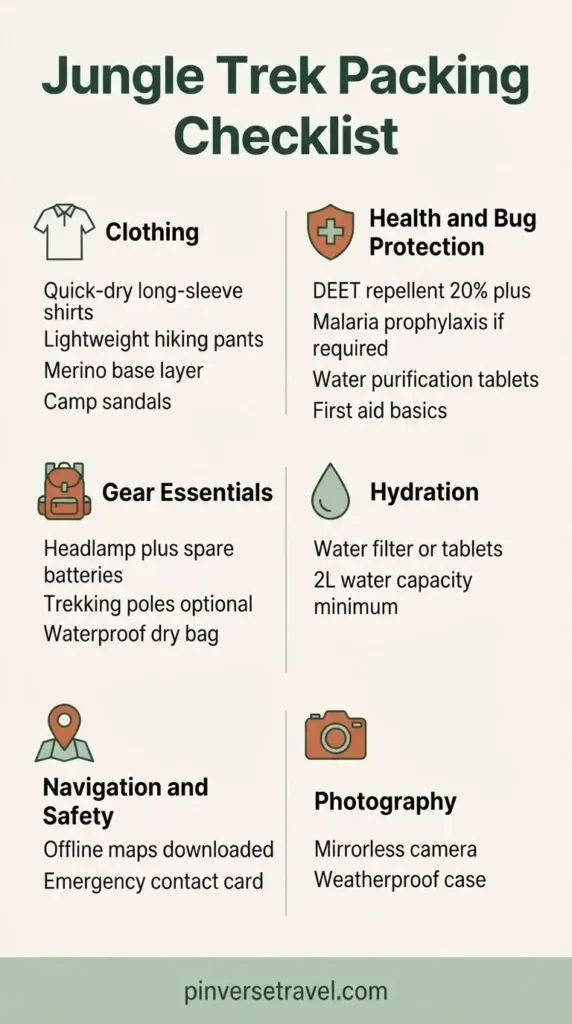 Minimalist jungle trekking packing checklist infographic for the Americas showing essential gear categories including clothing, health, navigation, and hydration