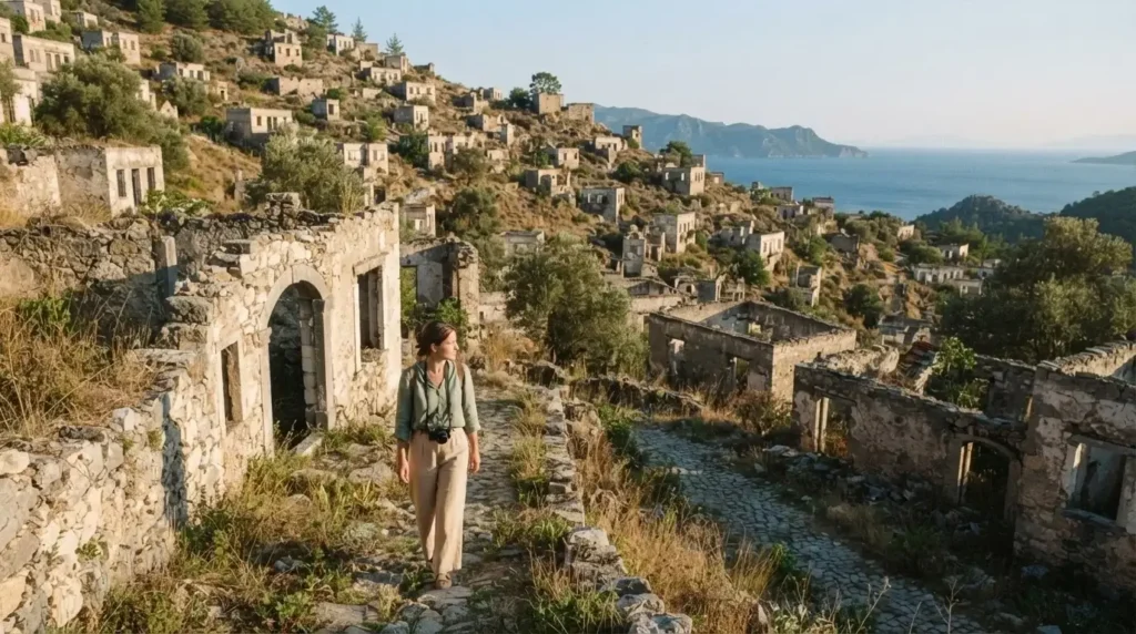 Young woman walking alone through roofless stone houses cascading down a hillside at Kayakoy ghost village near Fethiye, Turkey, early morning
