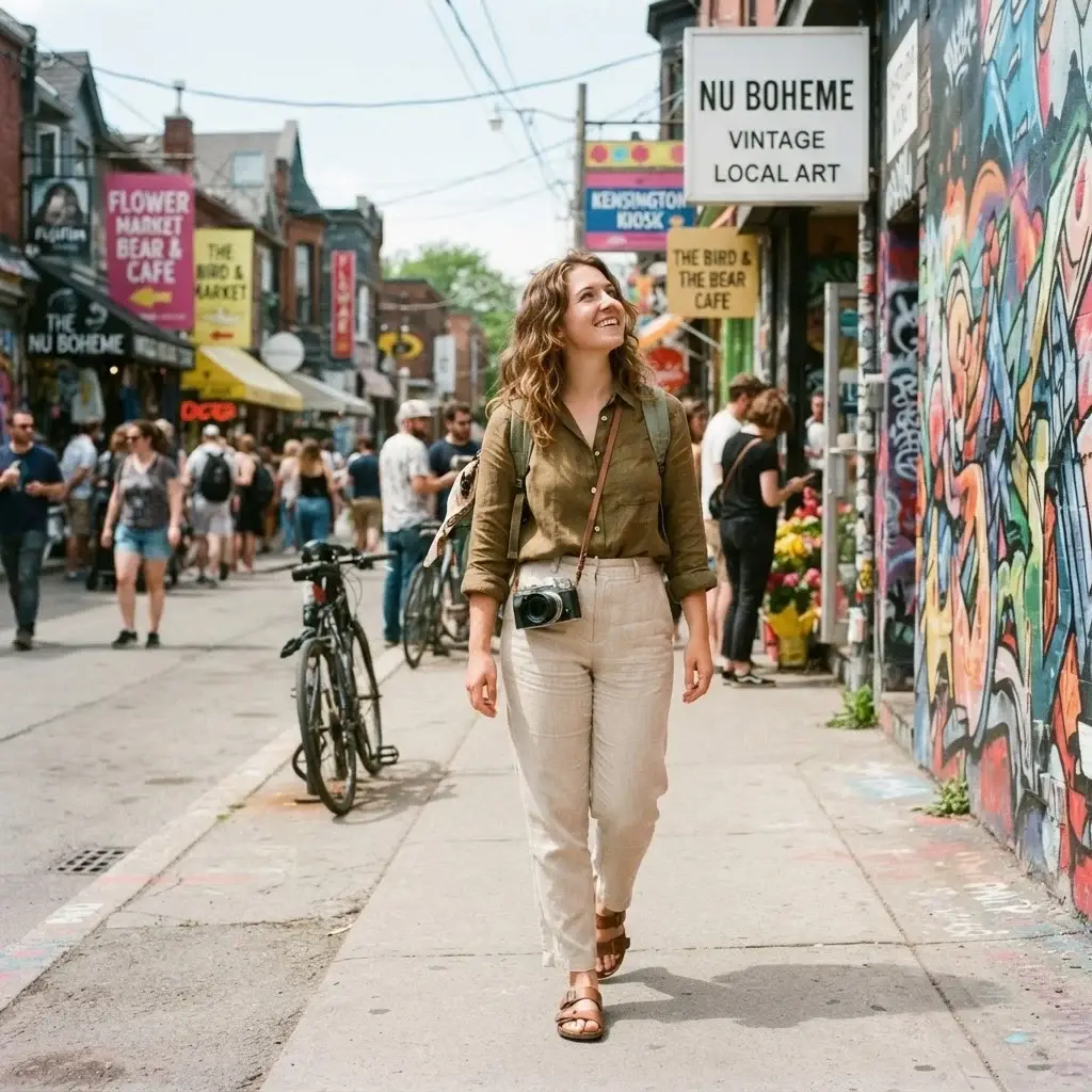 A female traveler with a mirrorless camera walking past vibrant street art and colorful Victorian storefronts along Augusta Avenue in Kensington Market, Toronto.