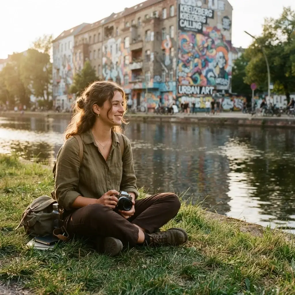 A female traveler sitting on the grassy banks of the Landwehr Canal in Kreuzberg Berlin, with colorful street art murals visible on buildings across the water.