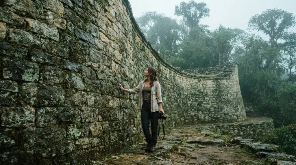 Solo female traveler walking through the massive circular stone walls of Kuelap fortress surrounded by cloud forest in northern Peru