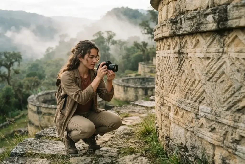 Young female solo traveler photographing ancient Chachapoyas stone friezes at Kuelap fortress Peru surrounded by cloud forest mist