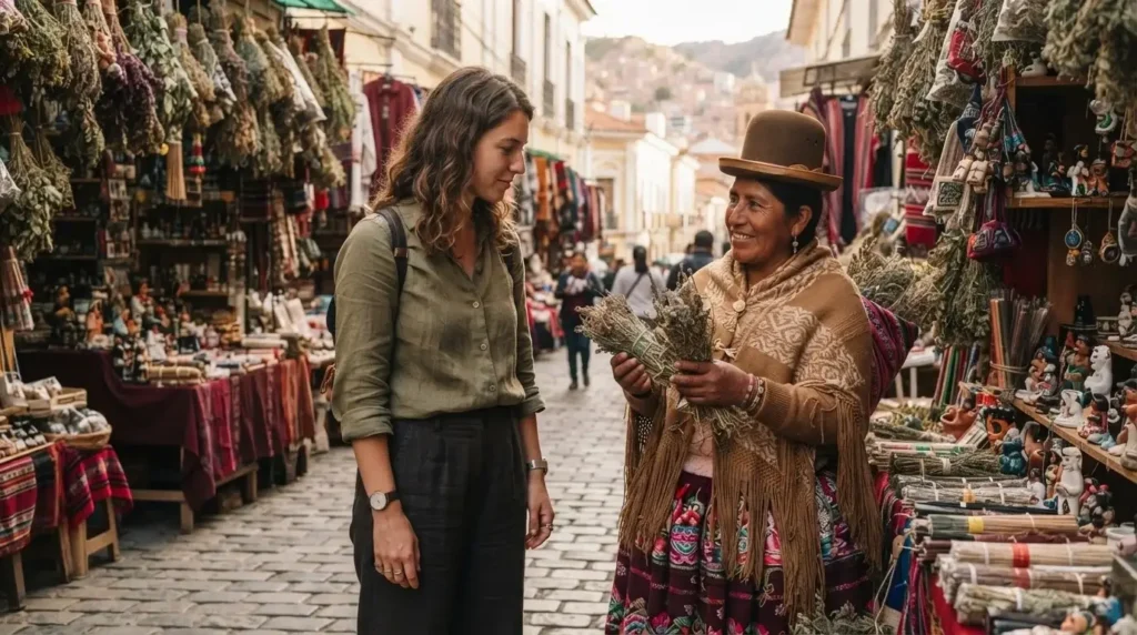 Solo female traveler exploring the Witches Market on Calle Linares in La Paz Bolivia, colorful stalls with traditional Aymara herbs and amulets
