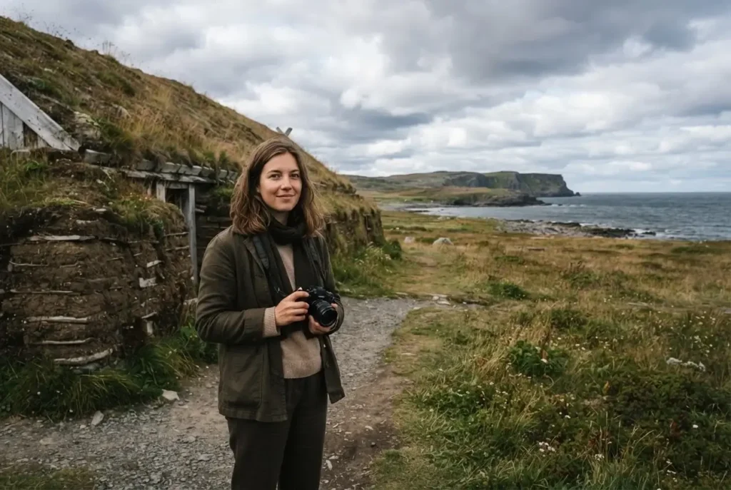 Solo female traveler standing beside reconstructed Norse sod buildings at L'Anse aux Meadows National Historic Site in Newfoundland Canada, overcast Atlantic coastal sky and tundra landscape behind her