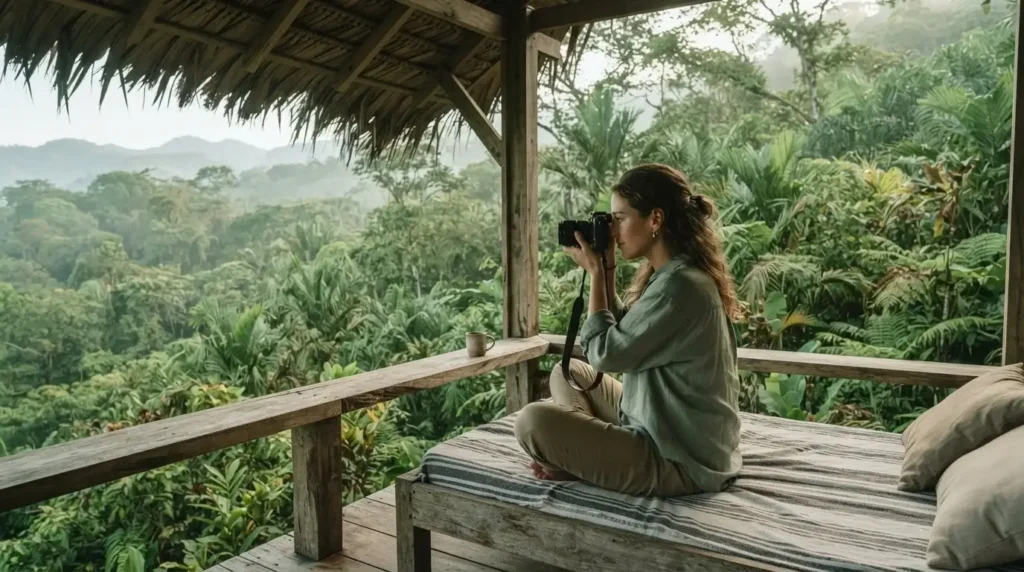Solo female traveler photographing the rainforest canopy from an open-air bungalow at Lapa Rios Lodge on the Osa Peninsula Costa Rica