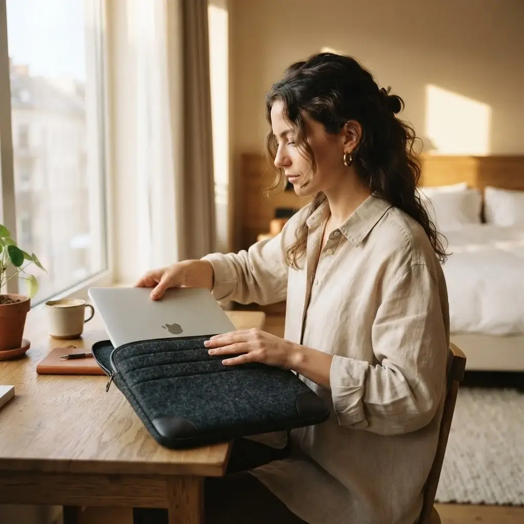 A young female traveler sliding a sleek laptop into a protective padded sleeve inside an open backpack in a bright, airy hotel room.