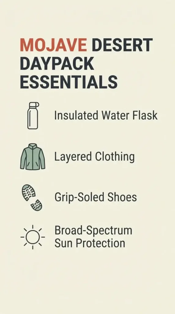 A clean checklist infographic titled Mojave Desert Daypack Essentials showing icons and labels for a water flask, layered clothing, trail shoes, and sun protection.