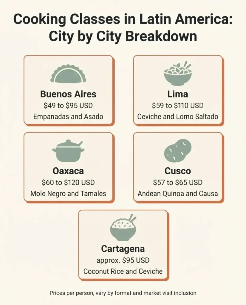 Infographic comparing cooking class prices and signature dishes across Lima, Cusco, Oaxaca, Buenos Aires, and Cartagena