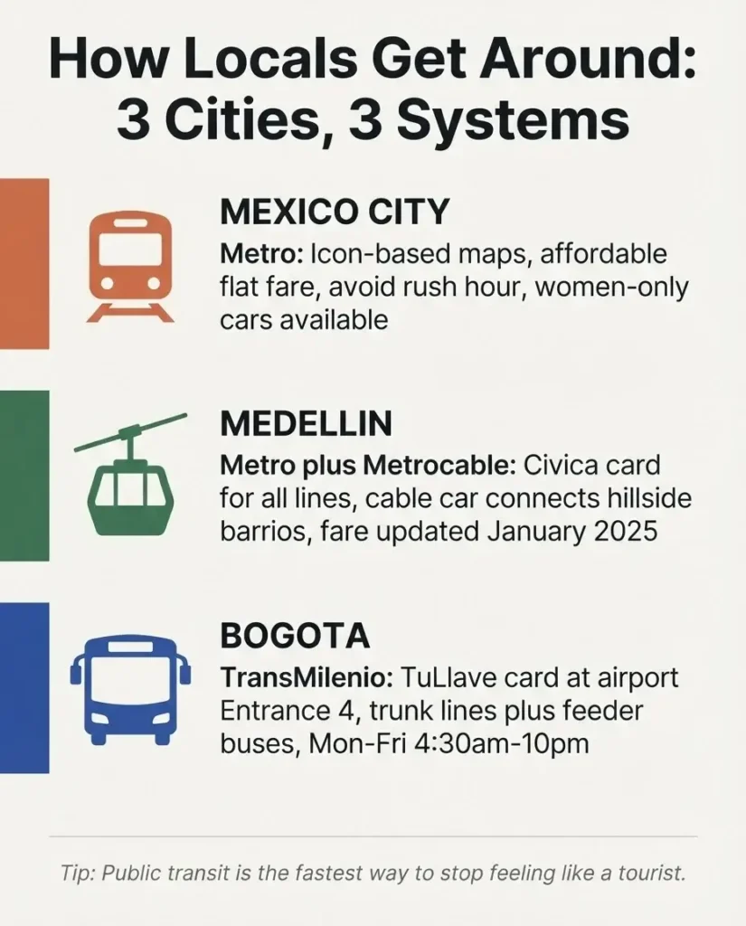 Infographic comparing how to use public transit in Mexico City, Medellin, and Bogota as a local traveler, with metro, Metrocable, and TransMilenio tips